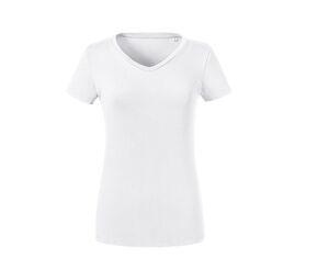 Russell RU103F - Camiseta orgânica de decote em V feminino Branco