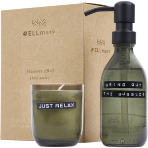 WELLmark 126311 - Dispensador de sabonete para as mãos de 200 ml e conjunto de velas perfumadas de 150 g fragrância âmbar escuro "Wellmark Dis