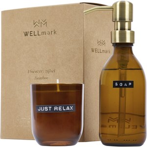 WELLmark 126308 - Dispensador de sabão para as mãos de 200 ml e conjunto de velas perfumadas de 150 g fragrância de bambu "Wellmark Discovery"